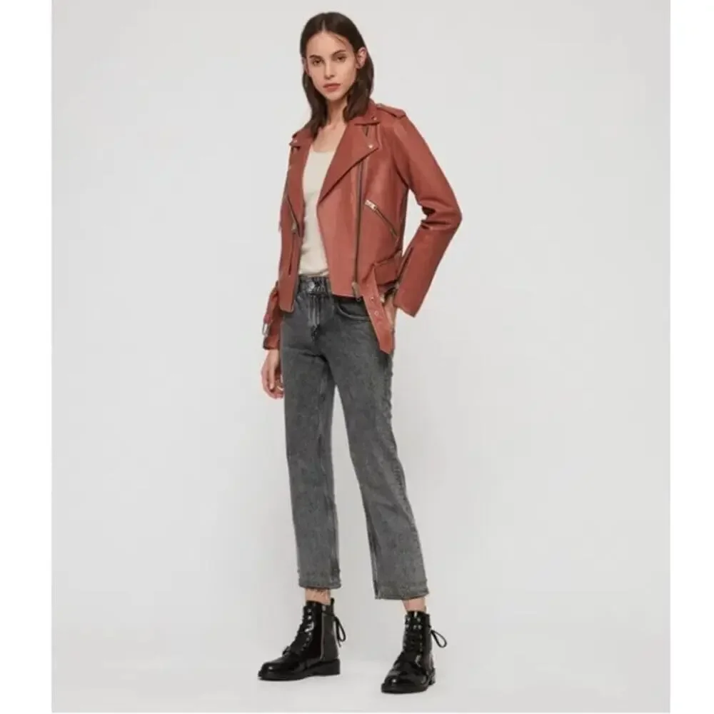 ALLSAINTS Balfern Leather Biker Jacket in Rose Wood Pink - Picture 2 of 13